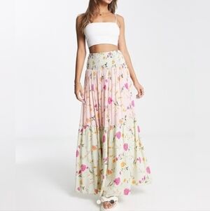 Raga Flores Driftwood maxi floral boho skirt medium lined, elastic band waist fl